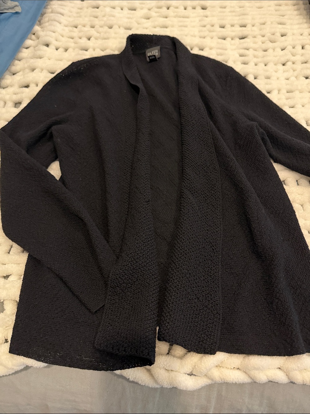Eileen Fisher Black Open-Front Textured Knit Cardigan